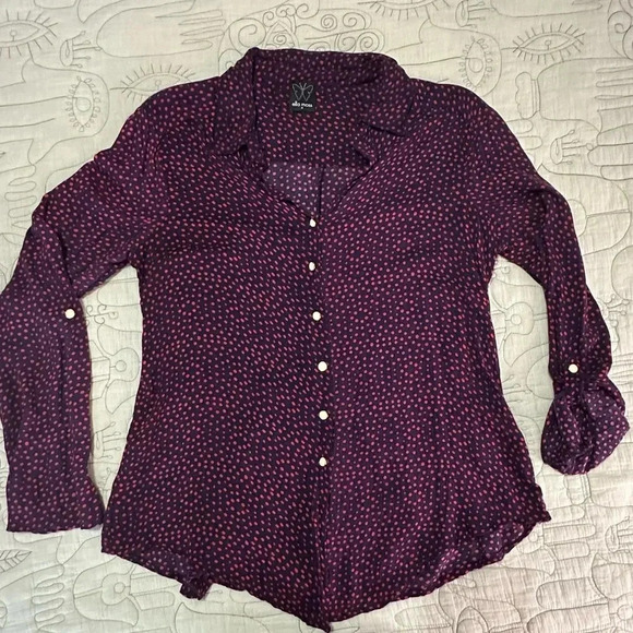Ella Moss Polka Dot Top Size M Contrast Button Down Tab Sleeves Navy Red White - Picture 1 of 7
